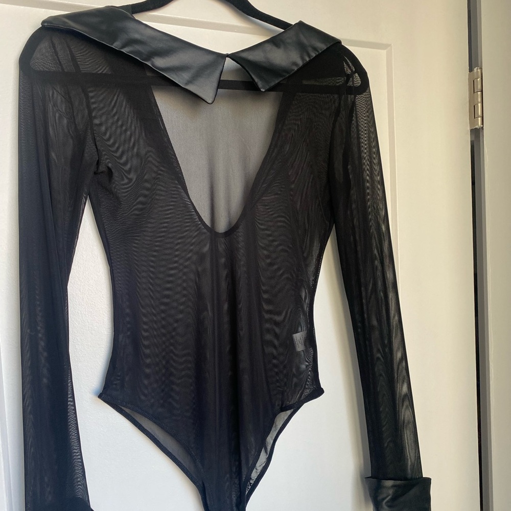 Mesh Black Top With Leather Collar and Sleeves